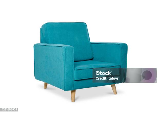 Blue Armchair Isolated On A White Stock Photo - Download Image Now - Sofa, Chair, Armchair