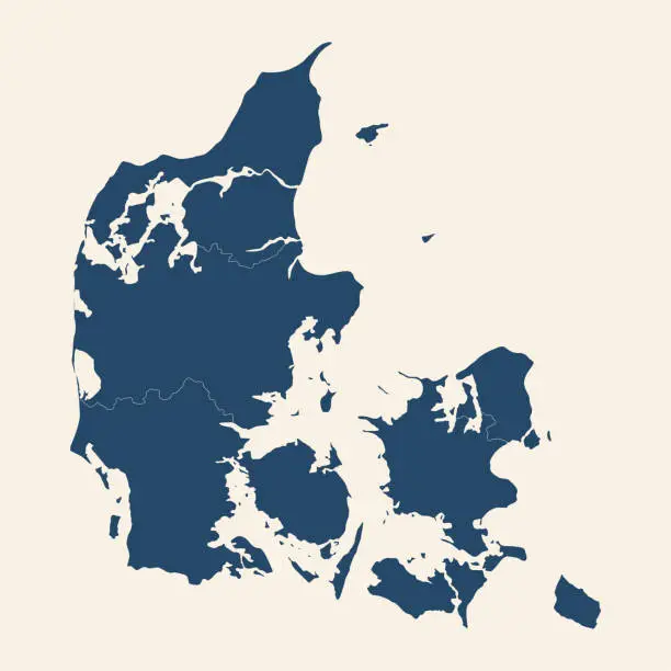 Vector illustration of Denmark detailed map with its provinces. Cyan blue, cream white background.