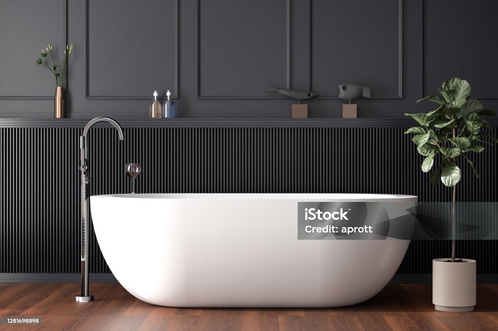 Weiß freistehender Badethub in einem dunkel getäfelten Badezimmer. 3D-Rendern - Lizenzfrei Bathroom Stock-Foto Weiß freistehender Badethub in einem dunkel getäfelten Badezimmer. 3D-Rendern - Lizenzfrei Bathroom Stock-Foto