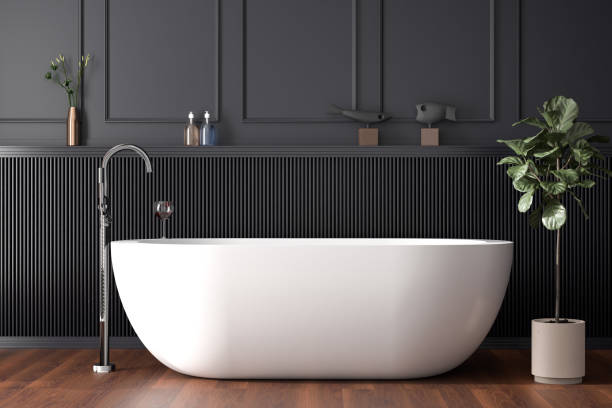 bain debout blanc dans une salle de bains lambrissée foncée. rendu 3d - bathroom contemporary sink faucet photos et images de collection