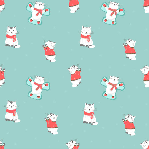 Vector illustration of seamless pattern with cute cartoon cats. Winter, warm clothes, sweater, gloves and scarf. New Year and Christmas decorations with snow. Vector illustration of seamless pattern with cute cartoon cats. Winter, warm clothes, sweater, gloves and scarf. New Year and Christmas. snow angels stock illustrations