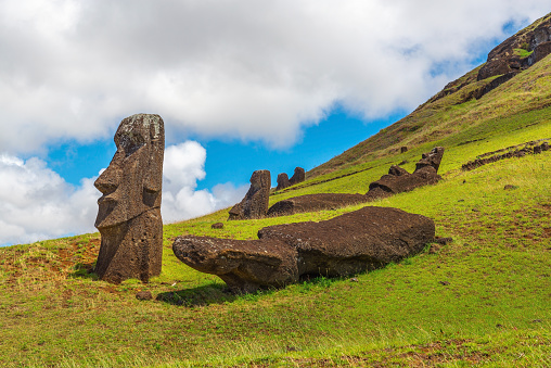 Toppled Moai statues of Rano Raraku, Easter Island (Rapa Nui), Chile.