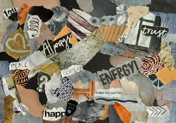 Photo of Collage mood board with natural colors and a zen spiritual concept . The sheet is made of teared old waste paper of magazines and printed matter. Results in creative modern art.