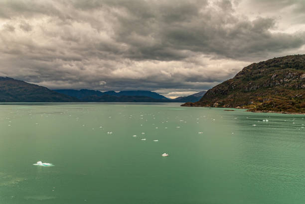 Down Amalia Glacier, the green Sarmiento Channel, Chile.