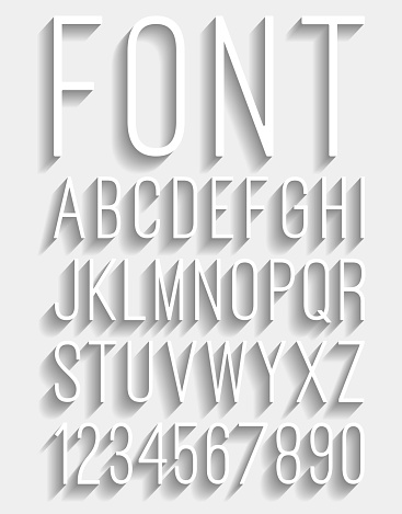 Slim font and numbers on white background in vector format