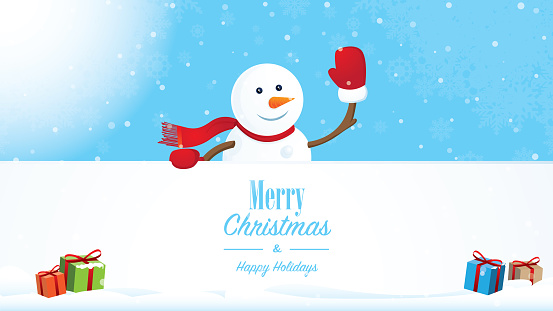 Happy snowman behind the Merry Christmas wishes with gifts and snow