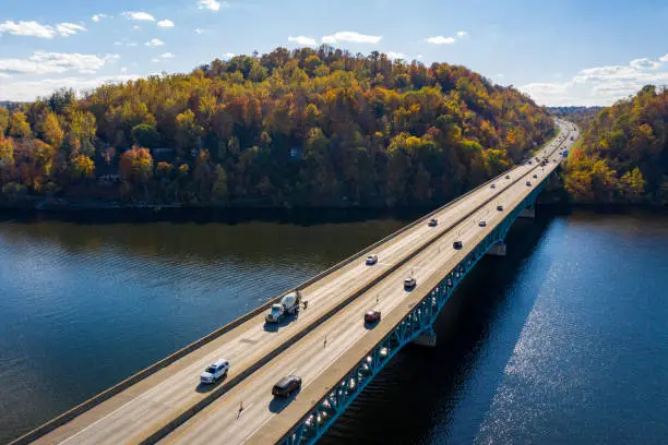 Aerial drone the interstate I68 bridge and traffic near Morgantown, West Virginia