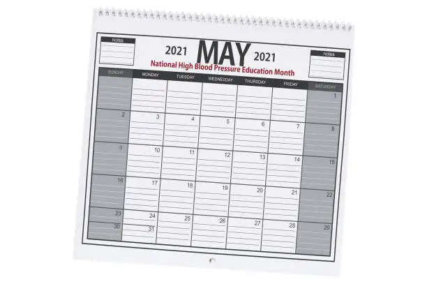 National High Blood Pressure Education Month May 2021 Calendar  on white background