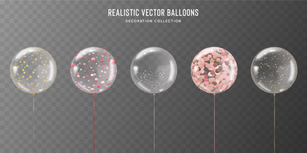 ilustraciones, imágenes clip art, dibujos animados e iconos de stock de globo transparente realista con confeti dorado, rosa, rosa y plata en su interior. ilustración de globos vectoriales para cumpleaños, boda, fiestas, celebrar festivo. - balloon pink black anniversary