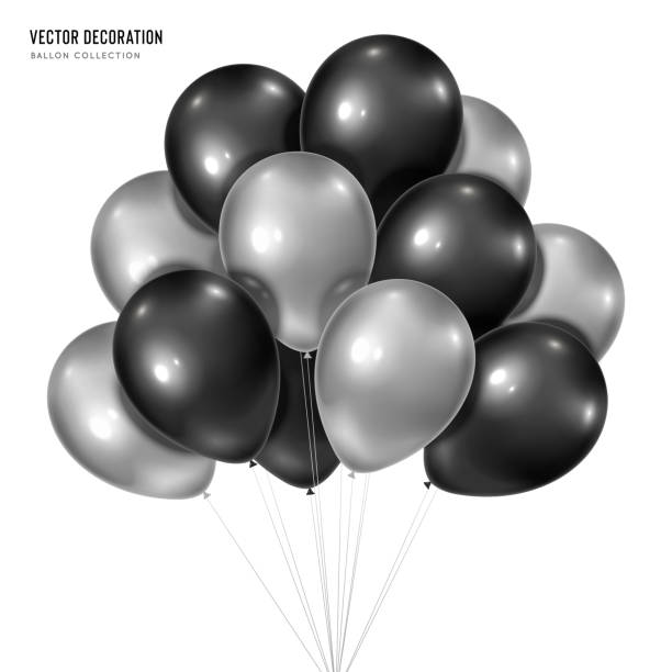 istock 3d vector realistic silver with black bunch of helium balloons isolated on white background. Decoration element design for birthday, wedding, parties, celebrate festive. 1281715201
