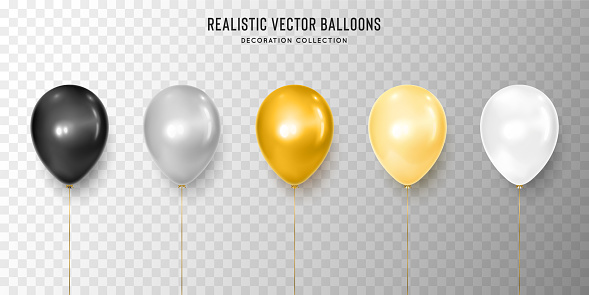 Realistic black, silver, gold, yellow and white balloon vector illustration on transparent background. Decoration element design for birthday, wedding, parties, celebrate festive. Vector template