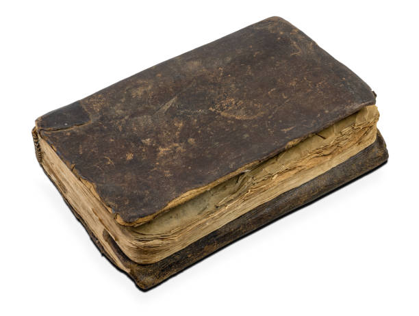 istock Old book perspective view, isolated on white background. Weathered leather book cover. 1281715886