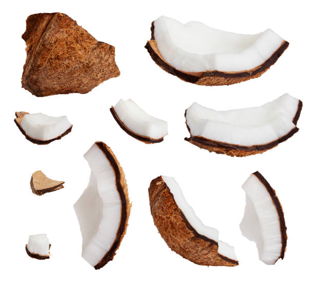 흰색 배경에 고립 된 코코넛 조각 - 슬라이스 뉴스 사진 이미지