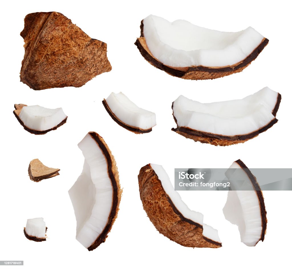 Pieces of coconut isolated on white background Coconut Stock Photo