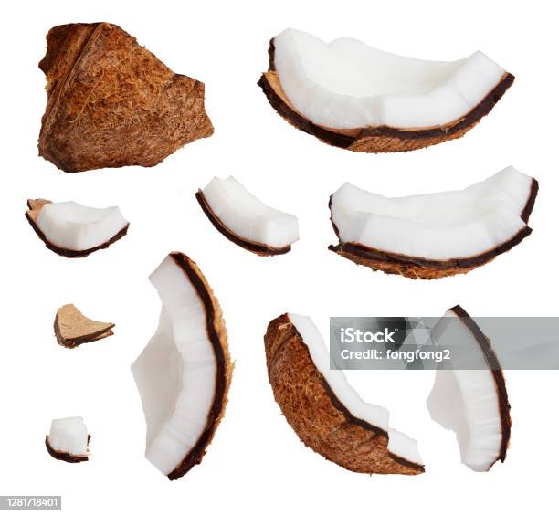 Pieces Of Coconut Isolated On White Background Stock Photo - Download Image Now - Coconut, Slice of Food, Cut Out