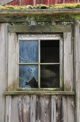 Old weathered grey red barn wall with a broken window.