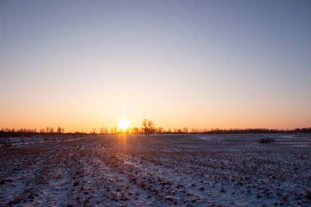 A small village somewhere in the wilderness, one frosty winter morning, deep snow, a dilapidated fence and a golden wave of dawn