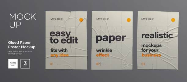 ilustrações de stock, clip art, desenhos animados e ícones de wrinkled poster template set. glued paper. vector realistic wet wrinkled posters mockup - papel parede