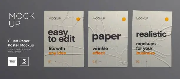 Vector illustration of Wrinkled poster template set. Glued paper. Vector Realistic wet wrinkled posters mockup