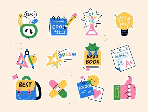 Back to school collection of badges for students with school supplies. Vector illustration Back to school collection of badges for students with school supplies. Vector illustration assignment logo stock illustrations