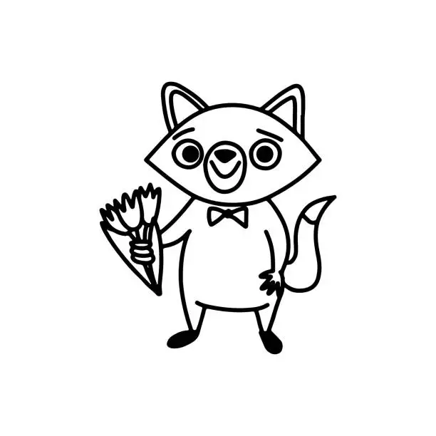 Vector illustration of Character fox boy with bow tie happy holds bouquet with tulips. Cartoon animals for a birthday, mothers day, Valentine's Day or other holiday decorations. Doodle black and white line art