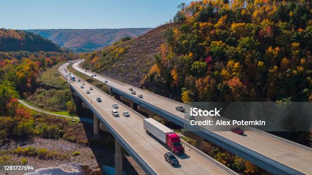 Scenic Aerial View Of The High Bridge At The Pennsylvania Turnpike Lying Between Mountains In Appalachian On A Sunny Day In Fall Stock Photo - Download Image Now
