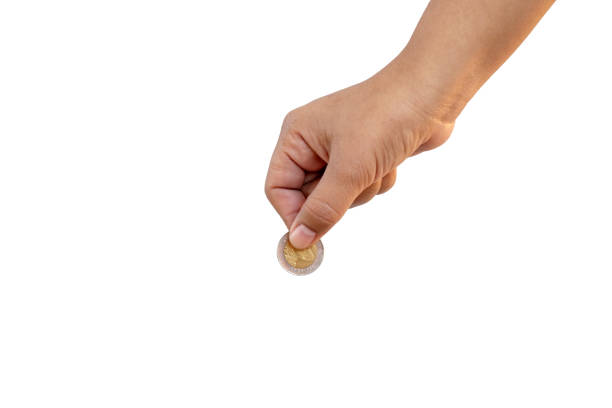 istock Holding money coin isolated with white background with the clipping path. 1281729577