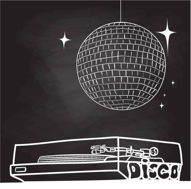 턴테이블 과 디스코 볼 칠판 - disco mirror ball illustrations stock illustrations