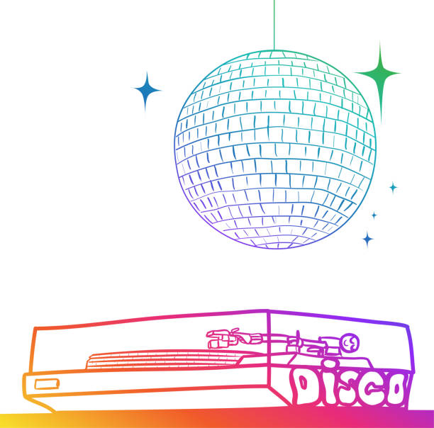 Turntable And Disco Ball Rainbow Turntable and disco ball above, mirror object drawings stock illustrations