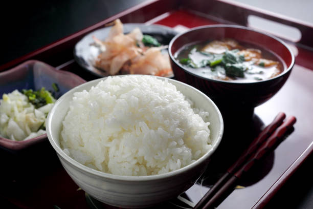 Miso soup, rice and pickles are a traditional Japanese breakfast.