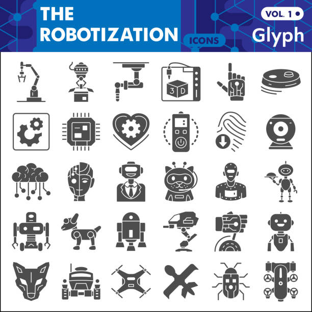 Robotization solid icon set, robot symbols collection or sketches. Artificial Intelligence glyph style signs for web and app. Vector graphics isolated on white background. Robotization solid icon set, robot symbols collection or sketches. Artificial Intelligence glyph style signs for web and app. Vector graphics isolated on white background robot icons stock illustrations