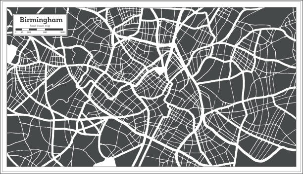 бирмингем великобритания город карта в черно-белом цвете в �стиле ретро. карта контура. - city urban scene planning black and white stock illustrations