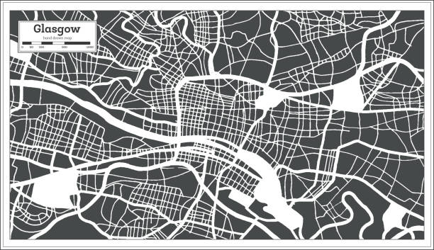 глазго великобритания город карта в черно-белом цвете в стиле ретро. карта контура. - city urban scene planning black and white stock illustrations