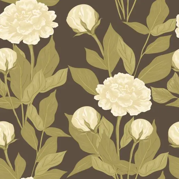 Vector illustration of Vintage flowers and leaves. Bouquets of peonies. Seamless patterns. Pastel colors