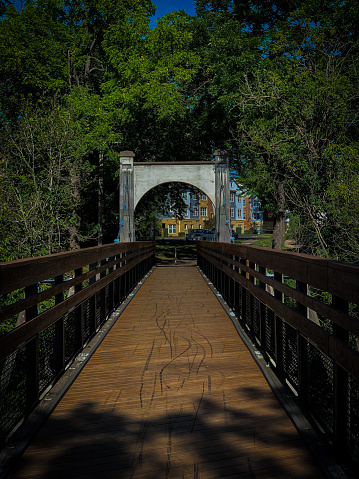 This famous landmark in River Falls Wisconsin crosses the South Fork of the Kinnickinnic River at Glen Park.