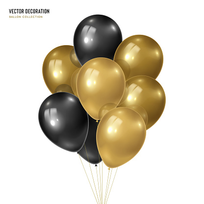 3d vector realistic golden with black bunch of helium balloons isolated on white background. Decoration element design for birthday, wedding, parties, celebrate festive. 
Vector illustration template