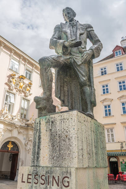 Gotthold Ephraim Lessing monument in Vienna Vienna - Lessing architectural Monument or Lessing Denkmal cultural statue. The present monument by Siegfried Charoux was unveiled on May 28, 1968 at Ruprechtskirche and moved to Judenplatz square in 1981 gotthold ephraim lessing stock pictures, royalty-free photos & images
