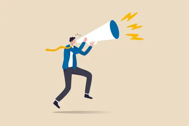 Vector illustration of Business shout out, speaking out loud to communicate with co-worker or draw attention and announce promotion concept, confidence young businessman using megaphone speak out loud to be heard in public.