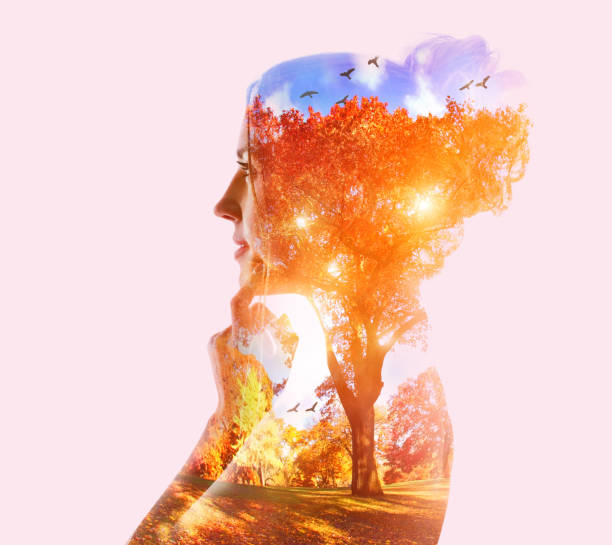ultiple exposure of a young woman and public park ultiple exposure of a young woman and public park spiritual enlightenment stock pictures, royalty-free photos & images