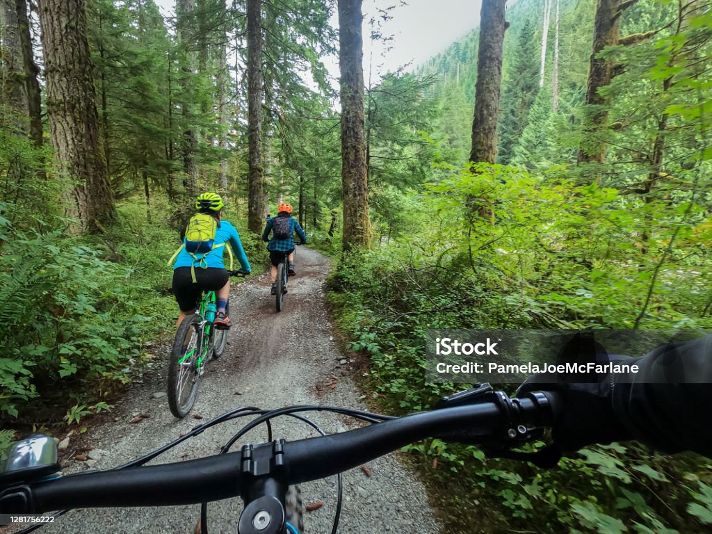 POV, Mountain Biking Family Riding on Forest Trail Multi-ethnic family riding on single track trail.  North Vancouver, British Columbia, Canada. Cycling Stock Photo