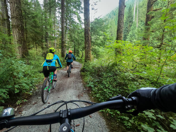 POV, Mountain Biking Family Riding on Forest Trail stock photo
