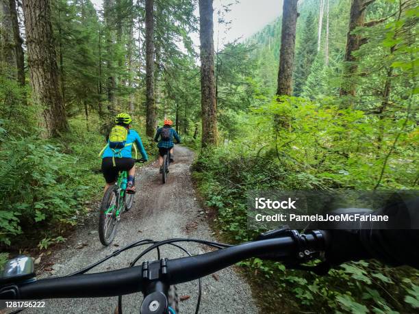Pov Mountain Biking Family Riding On Forest Trail Stock Photo - Download Image Now - Cycling, Footpath, Dirt Road