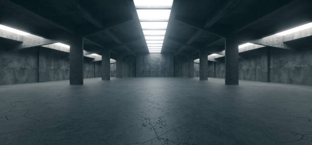 Spaceship Sci Fi Concrete Rough Cement Garage Tunnel Corridor Warehouse Showroom Underground Futuristic Modern Background 3D Rendering