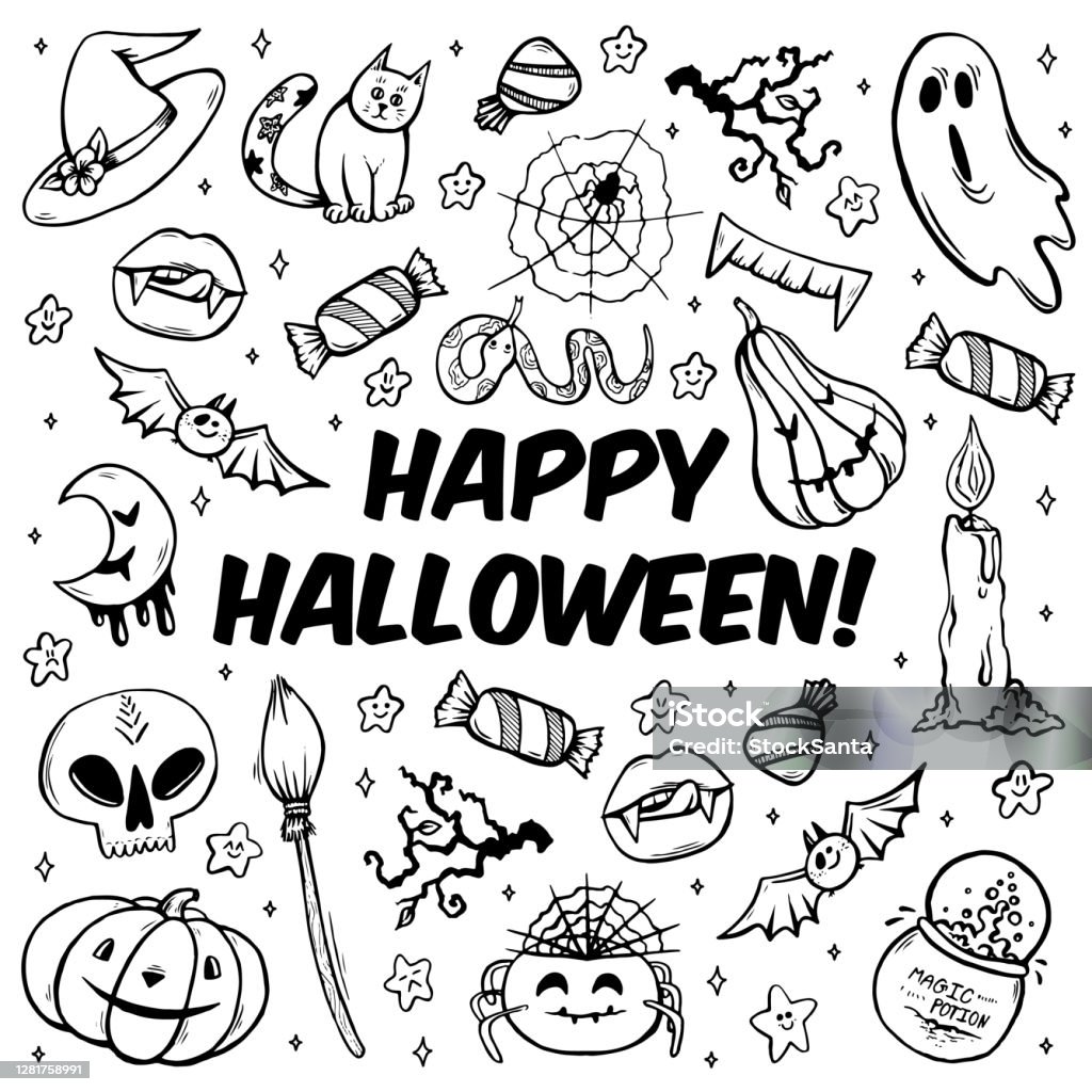 Trang Tô Màu Halloween Hạnh Phúc Với Các Vật Thể Ma Quái Vẽ Tay ...