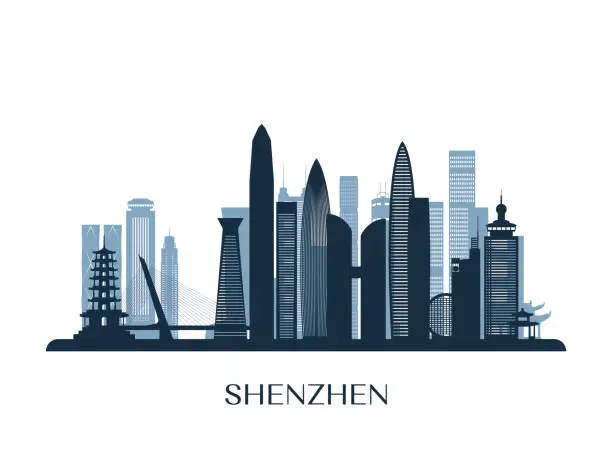 Vector illustration of Shenzhen skyline, monochrome silhouette. Vector illustration.
