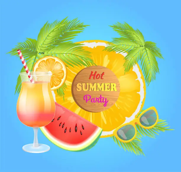 Vector illustration of Hot Summer Party Poster Palms Vector Illustration