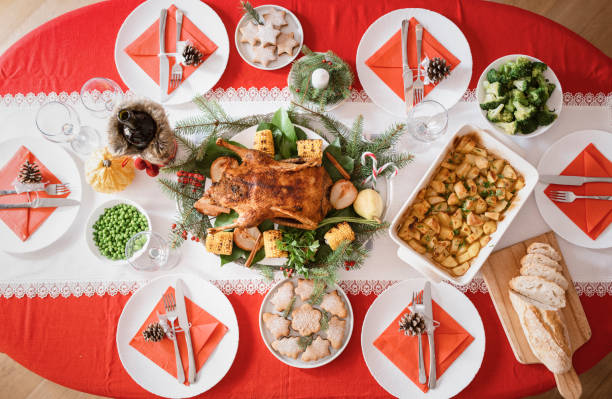 istock Directly above shot of Christmas meal on table. 1281762846