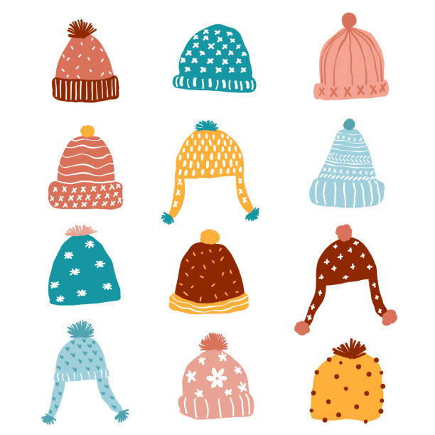 ilustrações de stock, clip art, desenhos animados e ícones de cute kintted beaning winter hat pastel clip art set, pink, blue, yellow - knit hat