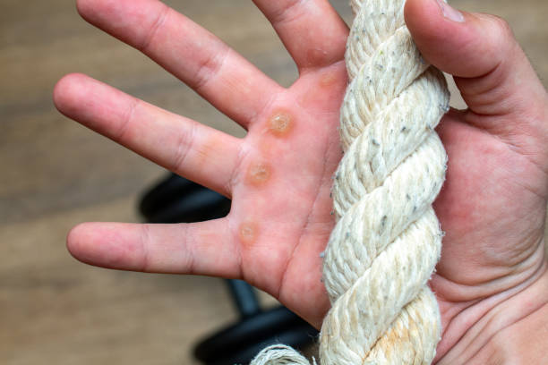 istock Hand with rope corn, callus, callosity, induration, congelation on the palm because of physical activity sports gym sport concept 1281767871