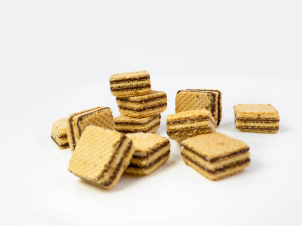 istock Crispy chocolate wafer flavor, square wafer biscuits on white 1281770068
